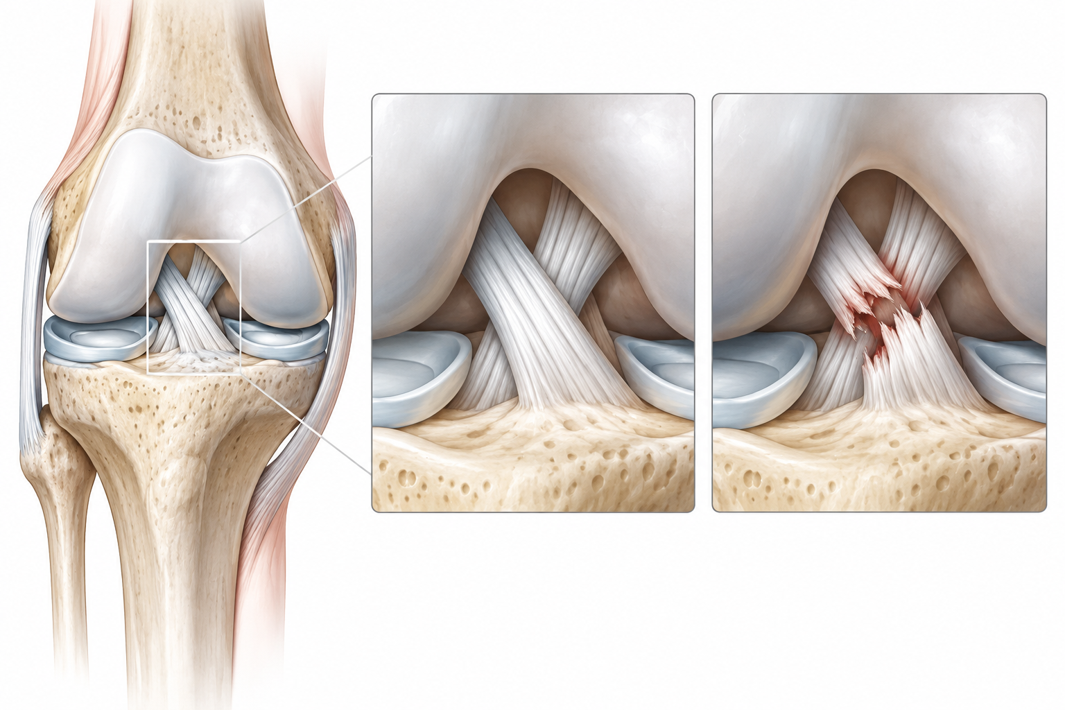 Educational knee anatomy illustration comparing an intact anterior cruciate ligament with a torn ACL.