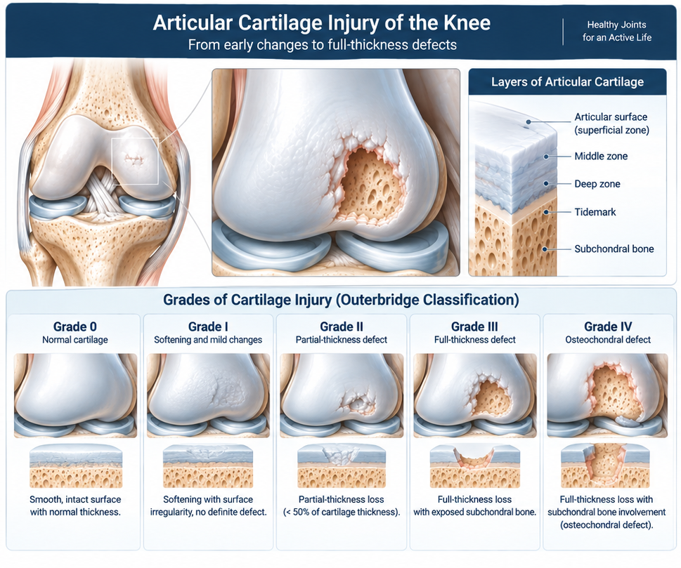 English educational infographic showing knee articular cartilage layers and Outerbridge grades zero through four.